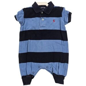 Ralph Lauren Baby Boy Blue Striped Polo Romper One Piece 3-6M Cotton VTG 90s
